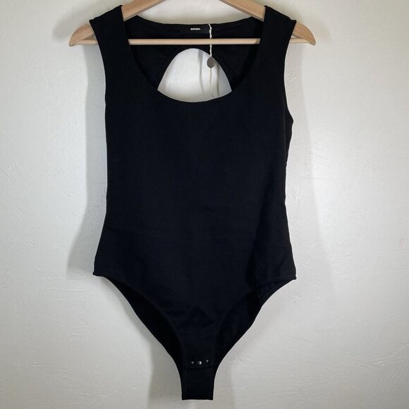 Diesel Black Tank Bodysuit Size Large Cut Out Back Logo Studded Snap Close Moto - Picture 2 of 9